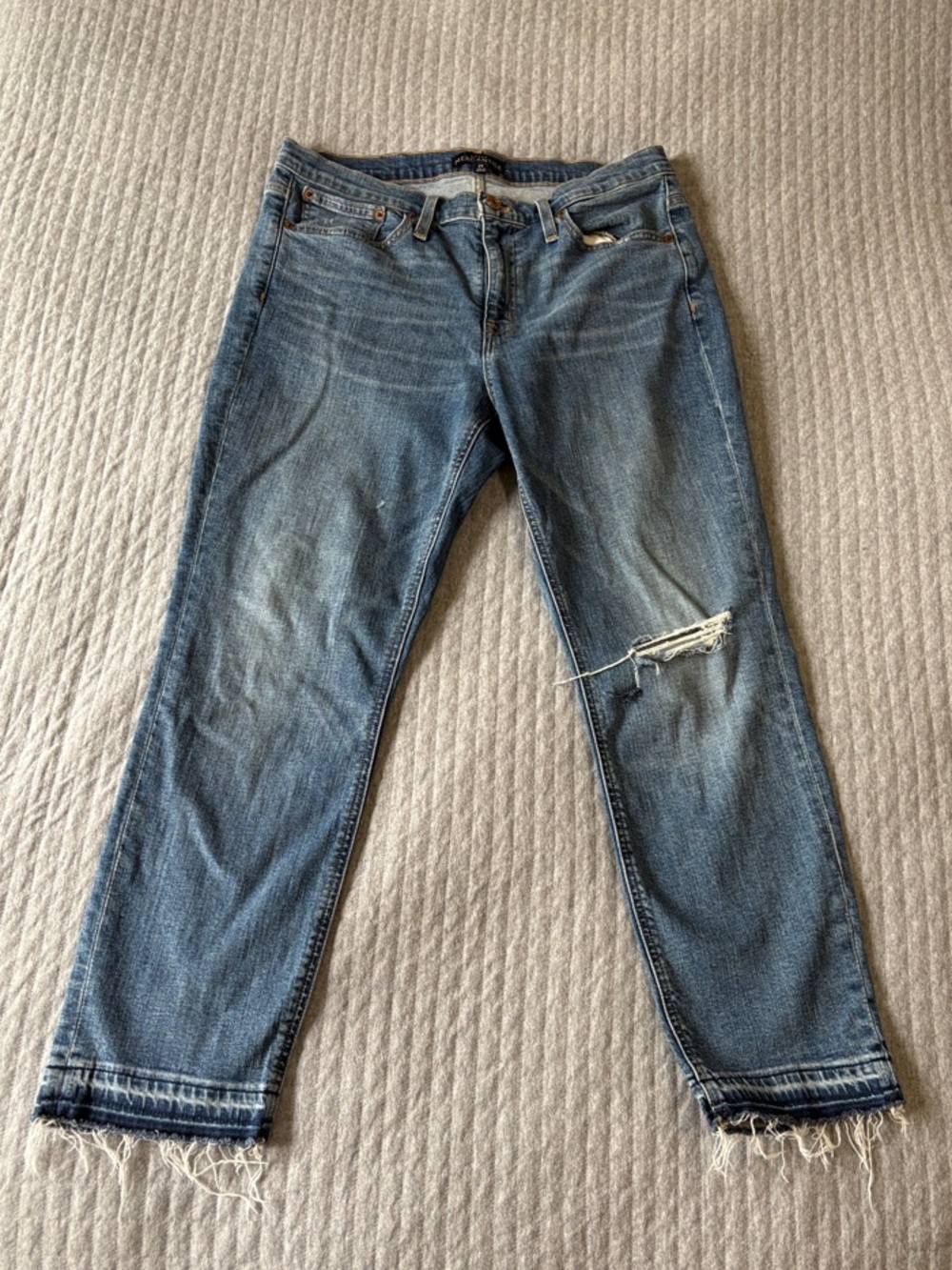 J. Crew Medium Blue Straight-Leg Jeans with Distressed Knee